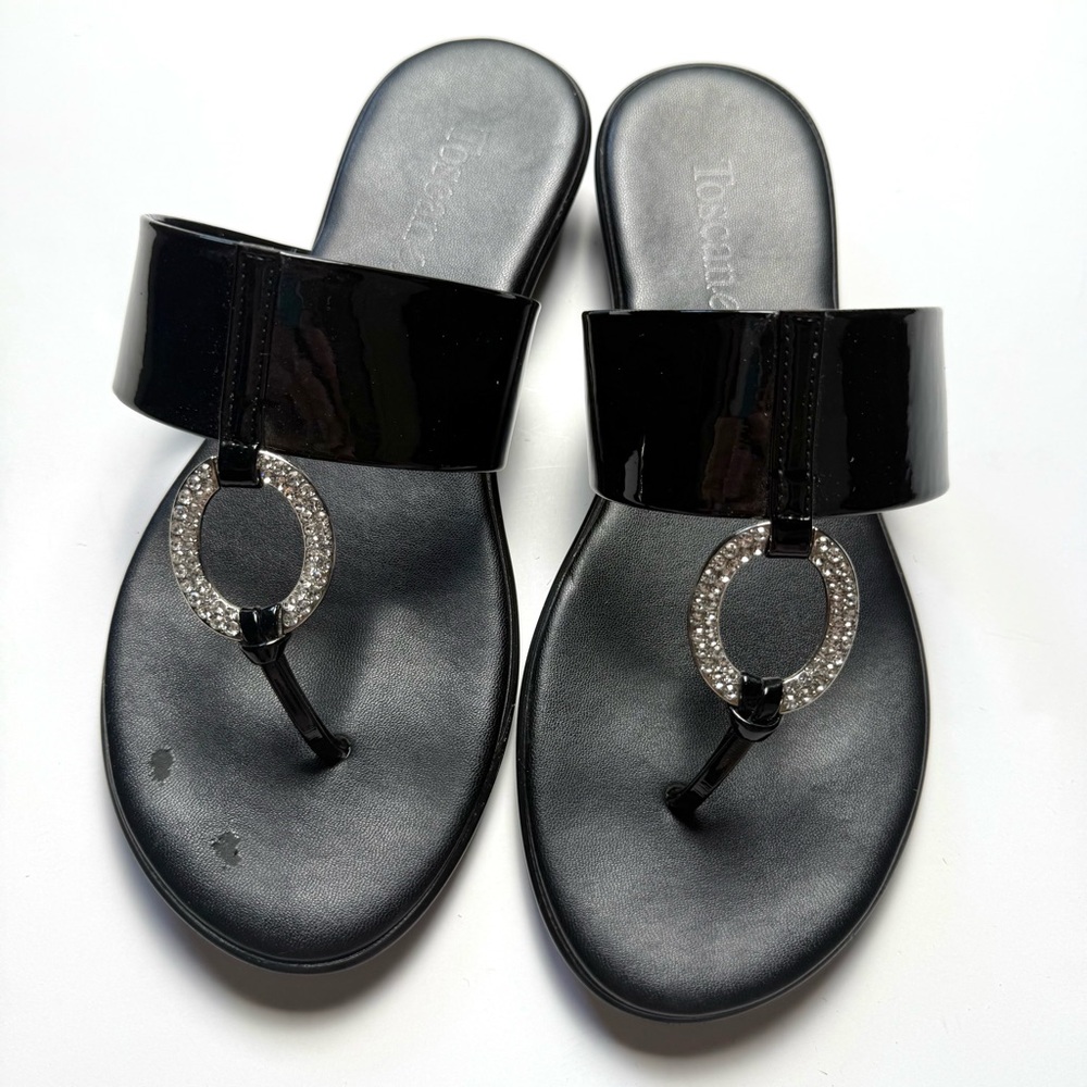 Toscana Italy Black Patent Leather Sandals Silver Crystal Rhinestone Size 7.5